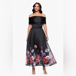 new Betsy and Adam "TABITHA" ORGANZA PRINT OFF THE SHOULDER MIDI DRESS